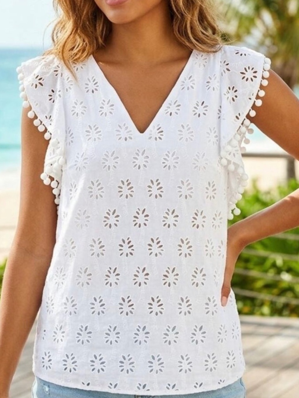 Lilly Pulitzer Astara Palm Tree Eyelet Pom-Pom Blouse SZ L BNWOT